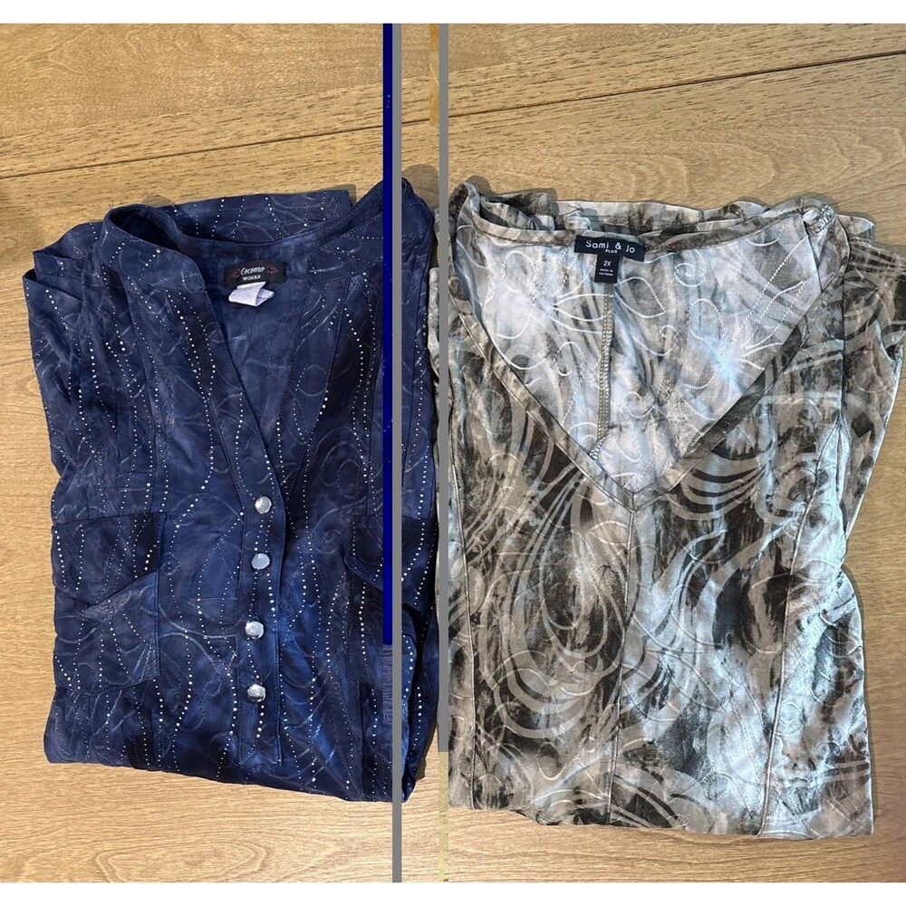 (2) Cocomo & Sami & Jo 2X Womens Tunic Blouses Tops Green Blue Jersey Stretch